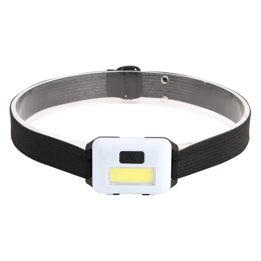 Outdoor mini COB LED headlight in black with adjustable polyester strap and 3W bulb