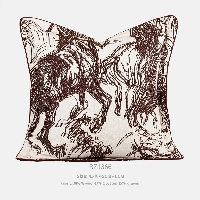 Modern abstract golden horse design jacquard cushion in square and waist pillow sizes