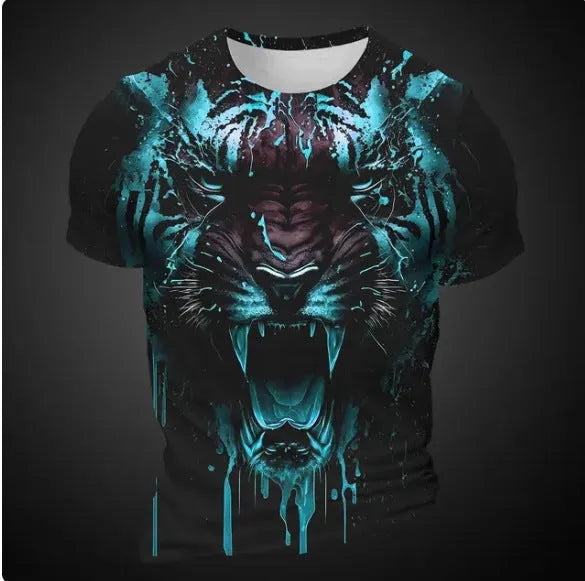 Men's grey T-shirt with detailed 3D tiger pattern print on front, short sleeves, pullover style