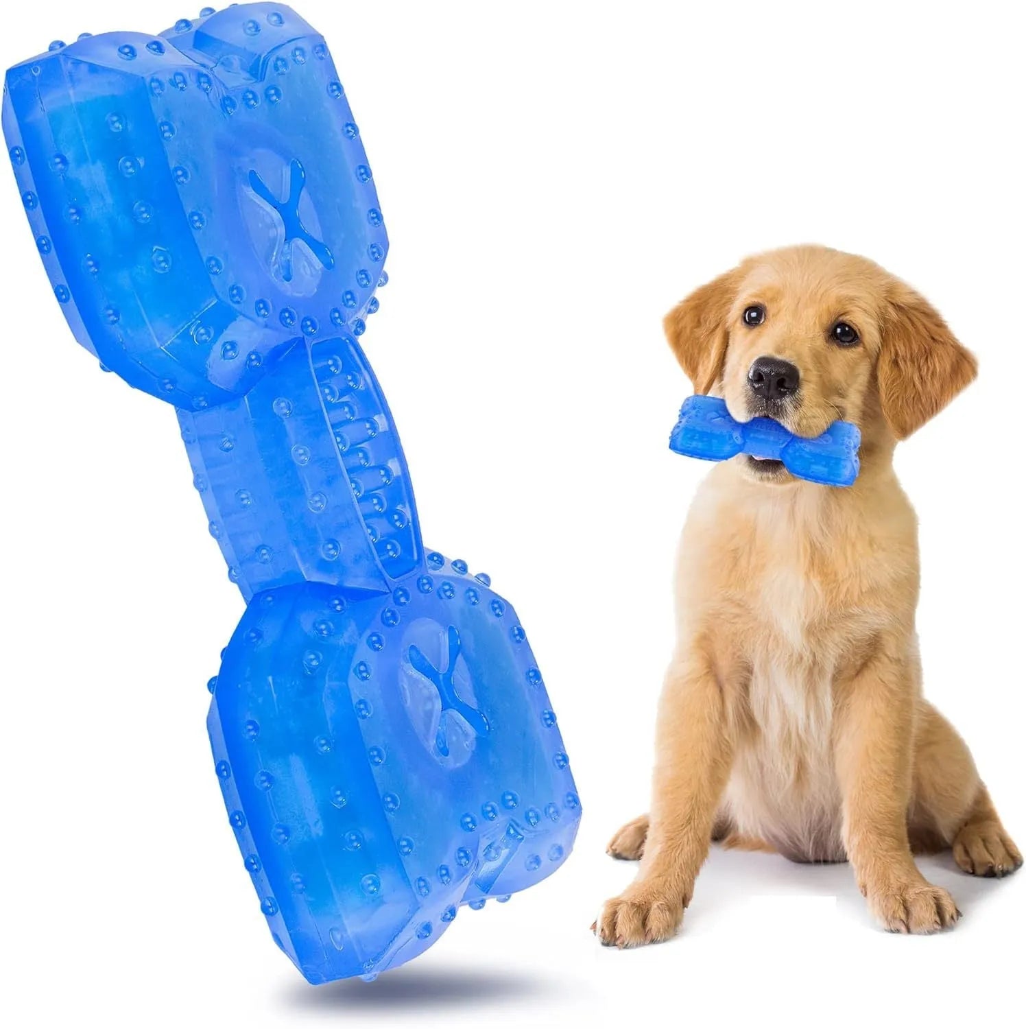 Freezable blue dog chew toy for teething puppies and cooling relief.