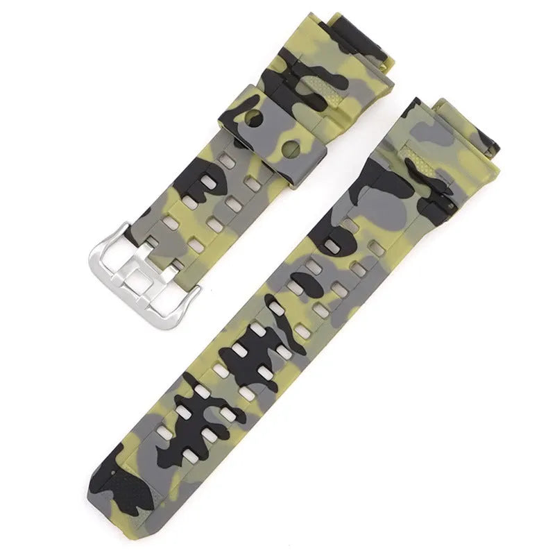 Camouflage pattern TPU watch strap with silver buckle showing 19cm length