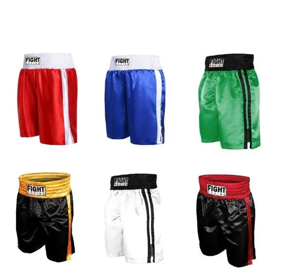 Boxing shorts for kick boxing training in various colour combinations like black and white striped, black and gold, and black and red.