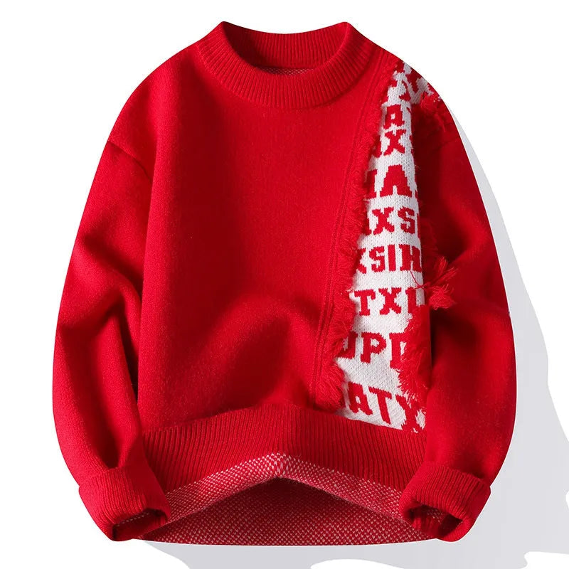 Men's loose knitted pullover with ribbed hem in polyester and rabbit fur blend fabric