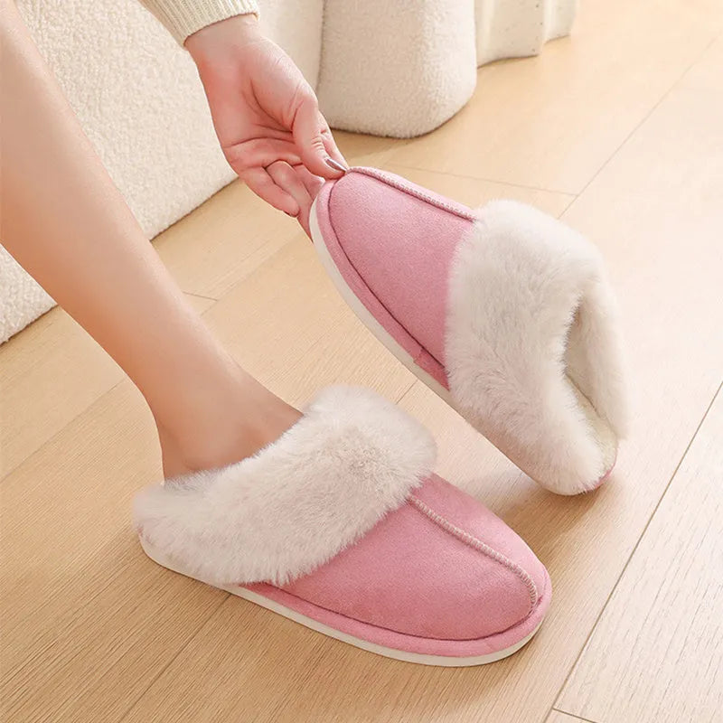 Women's plush indoor slippers with round toe, flat heel, and PVC sole in multiple colour options