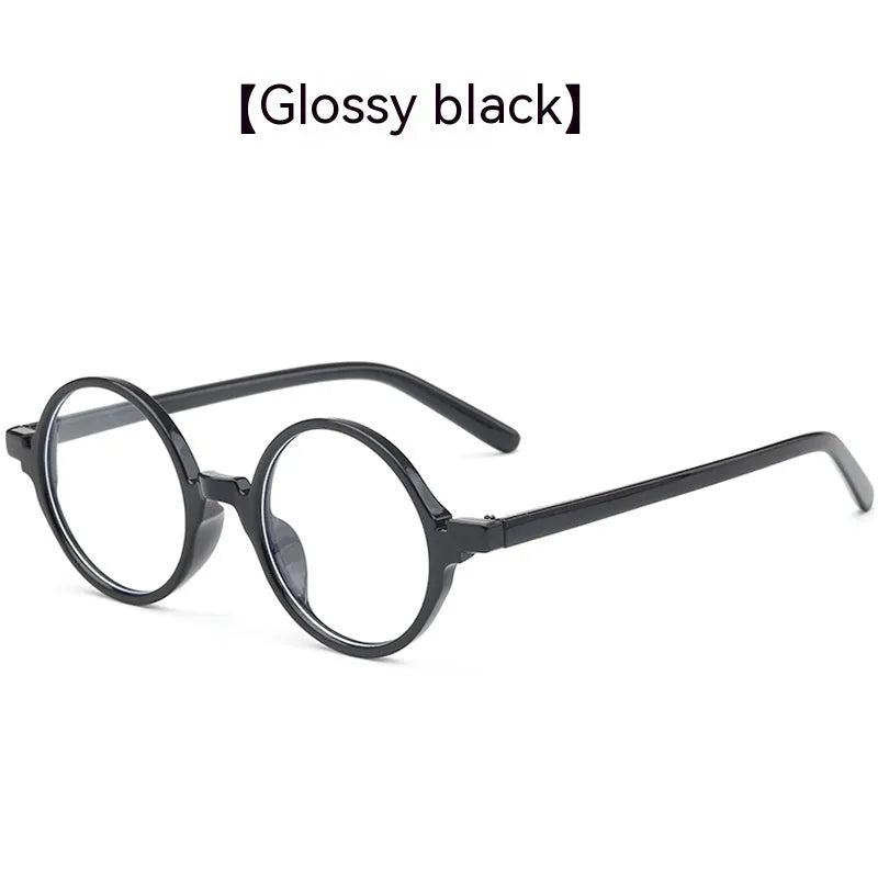 Artistic retro round fashion glasses with a PC frame shown in bright black, sand black, tofu pudding, and transparent grey colours.