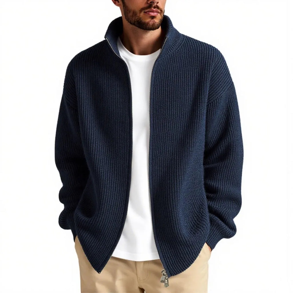 Man wearing a loose grey men's cardigan sweater coat for casual leisure wear