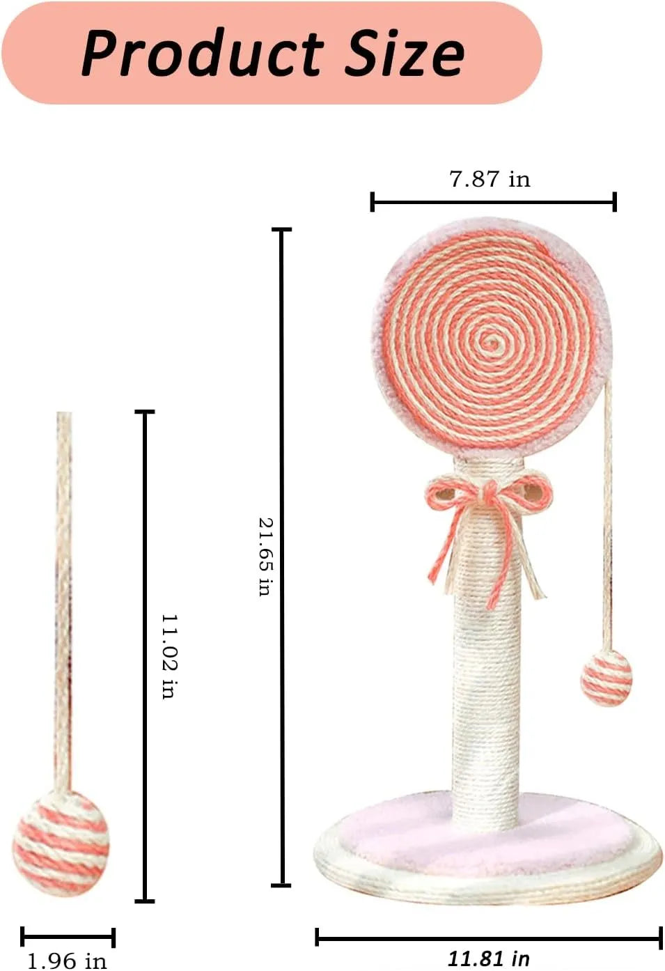 Blue cat scratching post with natural sisal rope and hanging ball toy on sturdy wood base