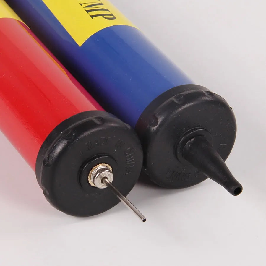 Manual plastic hand pump for balls and balloons in mixed colours showing four size options