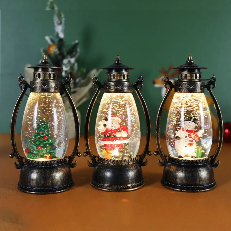 Crystal ball portable oil lamp Christmas decoration with light-emitting feature and snowman design