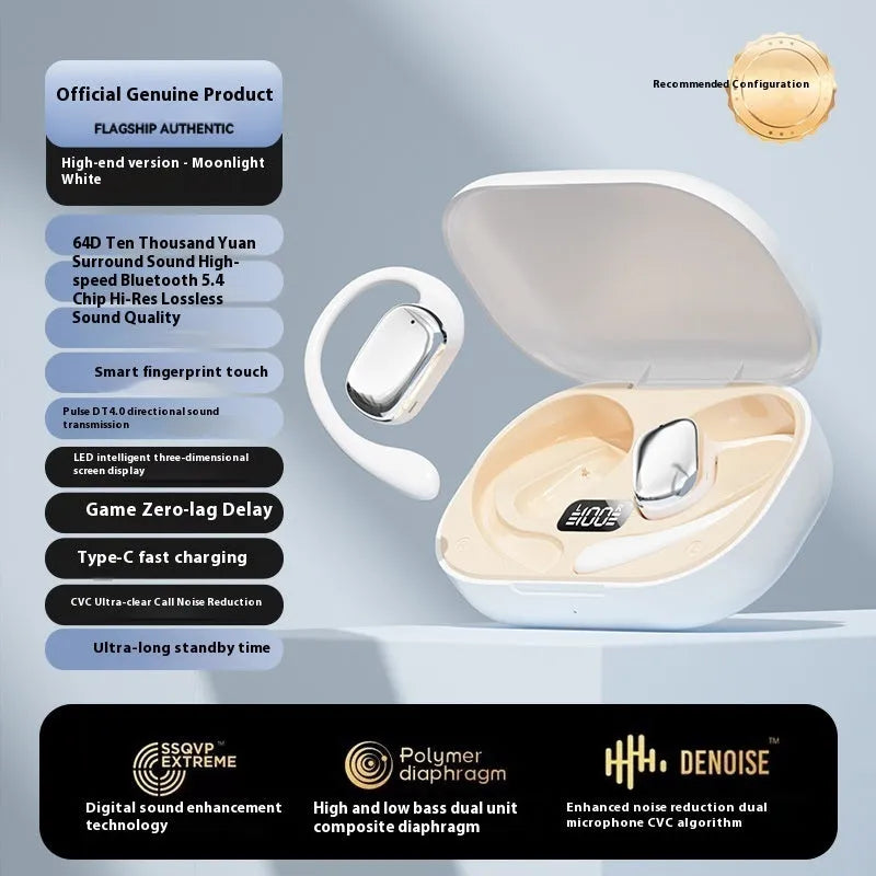 Ear-mounted headphones with digital display screen in black, skin colour, or white colours