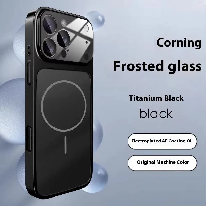 Matte black magnetic shockproof iPhone case with integrated tempered glass screen protector.