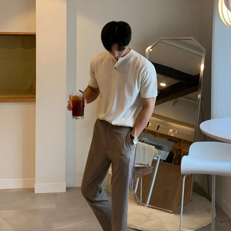 Men's slim-fit ice silk knitted short-sleeved shirt in black, khaki, or white colours