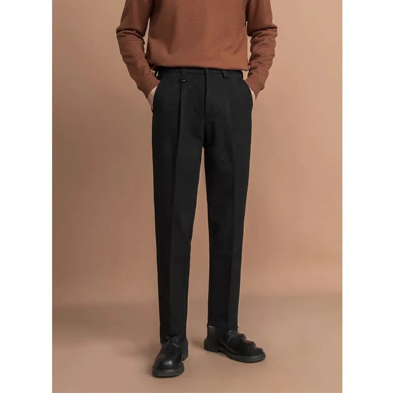 Men's straight leg trousers in draped casual business style available in four colours