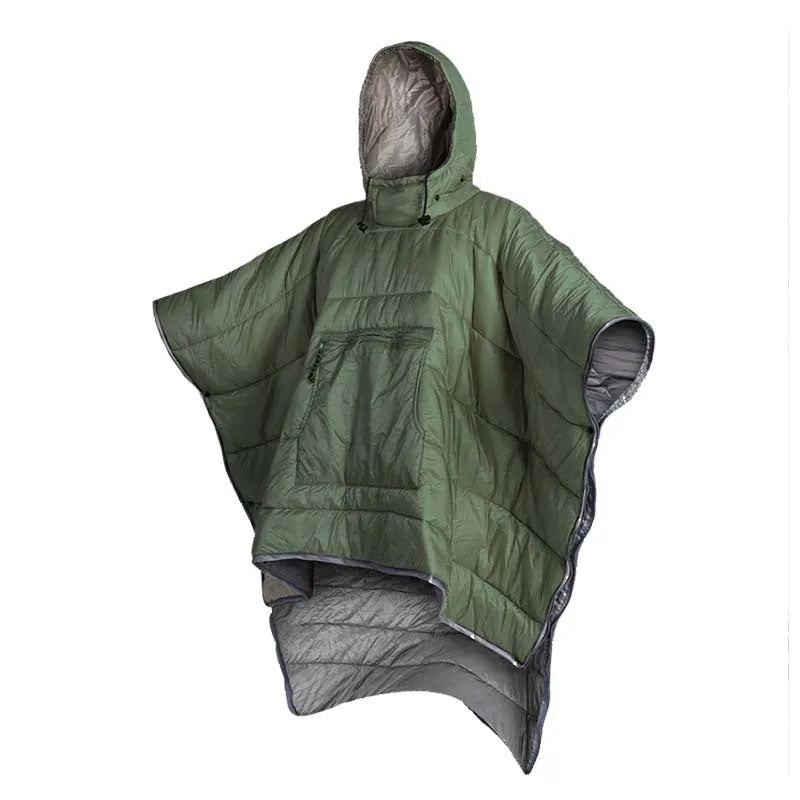 Grey adult-sized outdoor cloak sleeping bag worn as a cape, showing its 200x140cm dimensions.