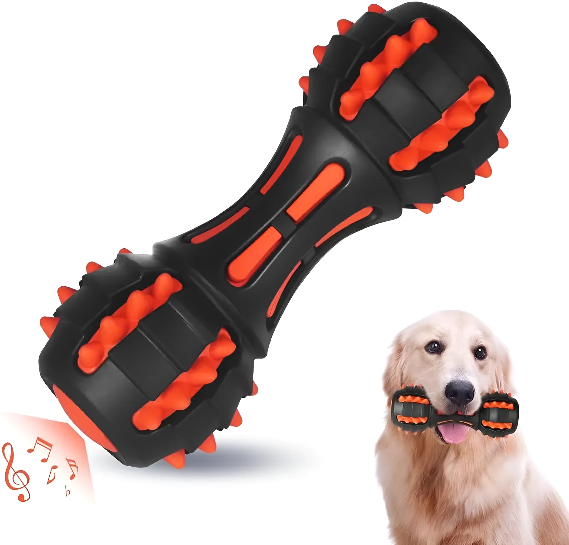 Red rubber dumbbell-shaped dog chew toy for aggressive chewers with measurements shown