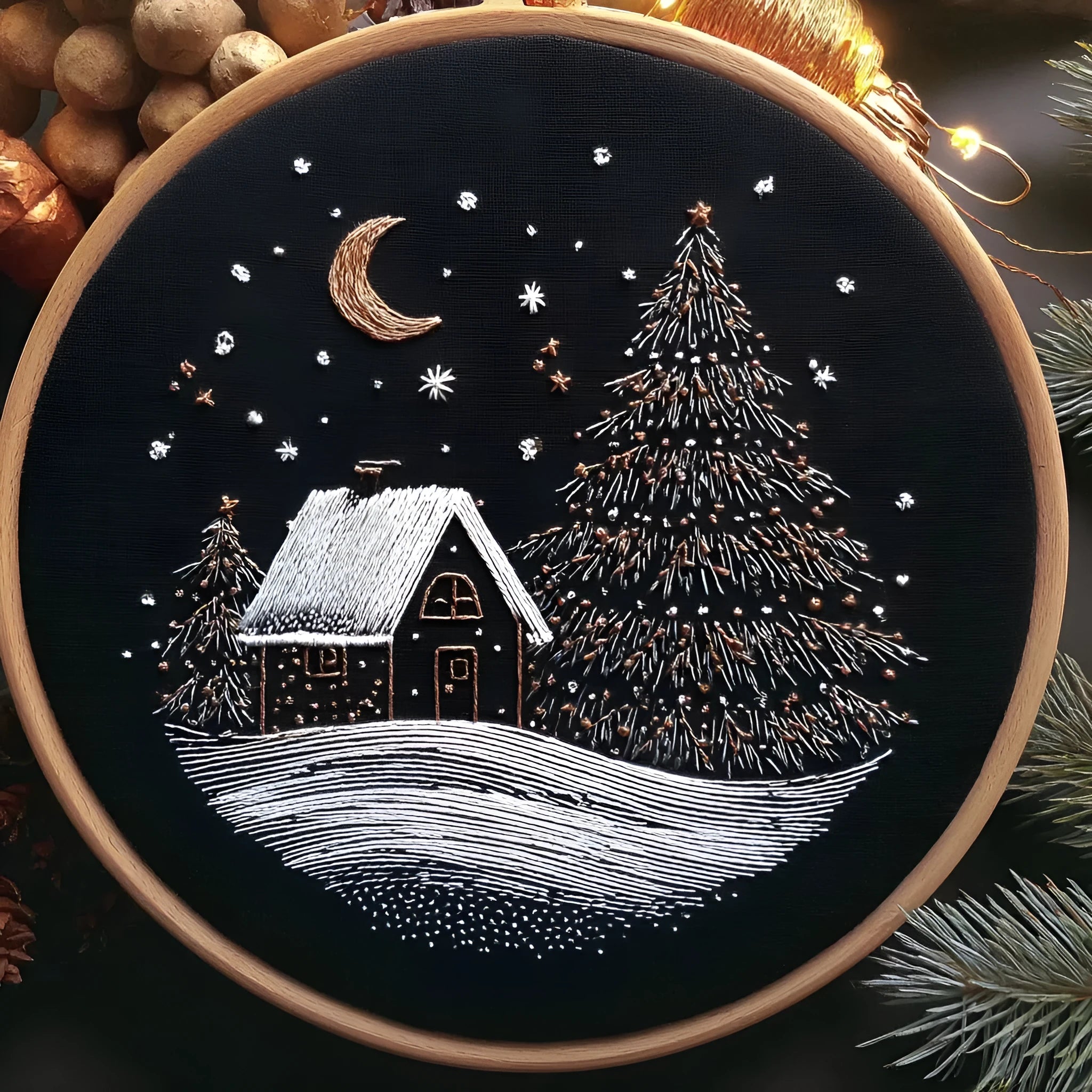 Christmas snow house embroidery fabric kit 28x28cm cotton linen with CX211 tool set landscape pattern
