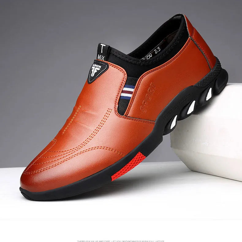 Men's black and brown PU business shoes with flat heel for spring, showing lace-up and slip-on style options