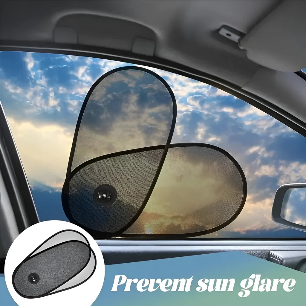 Breathable car window shade stretched on side window with suction cups visible