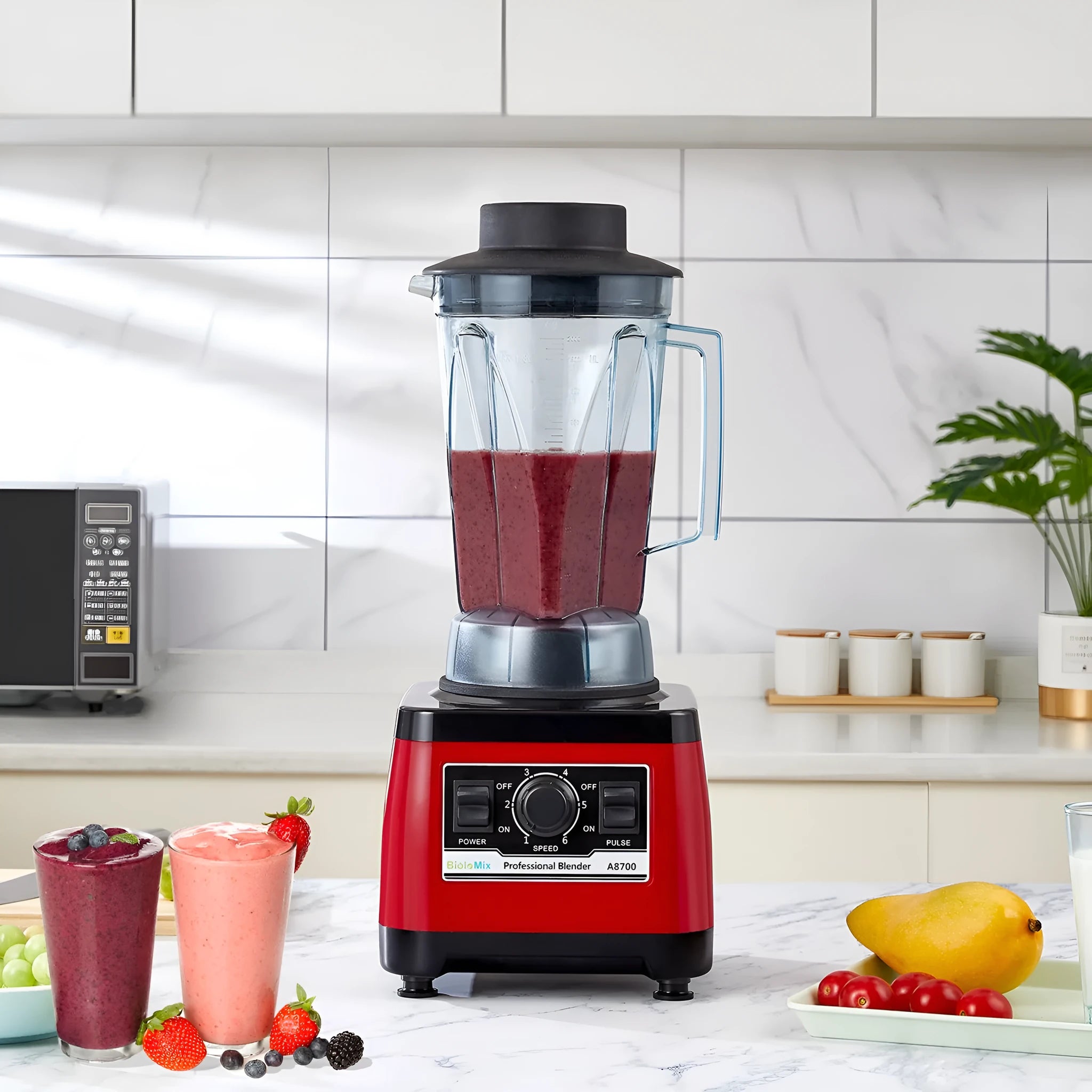 Red industrial-style commercial blender with 2200W motor and 2-litre jug.