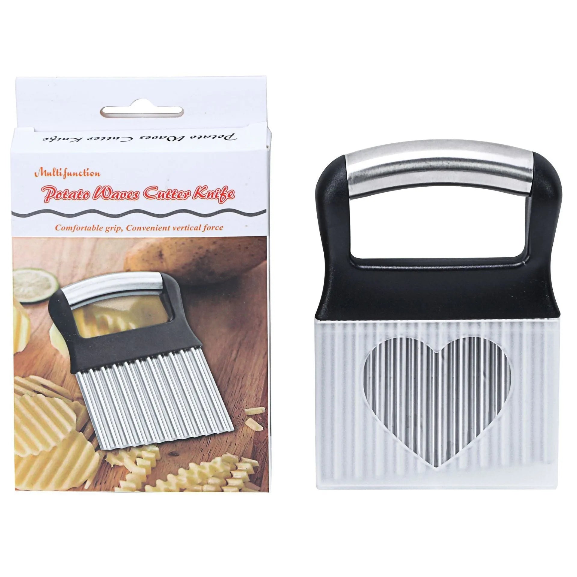 Stainless steel potato wave knife for making crinkle-cut chips and waffle fries.