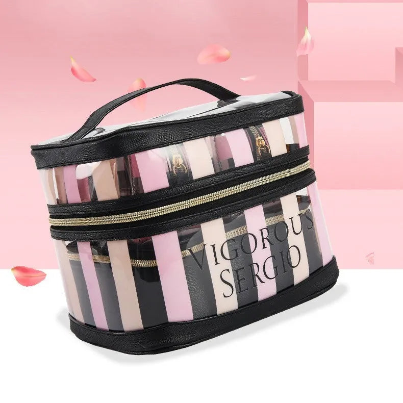 Buggy bag makeup kit in pink bold stripes with floral pattern and synthetic leather construction