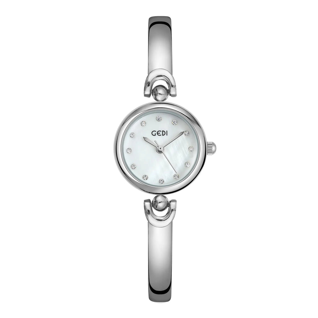 Silver case women's bangle watch with round dial and white plate silver stripe