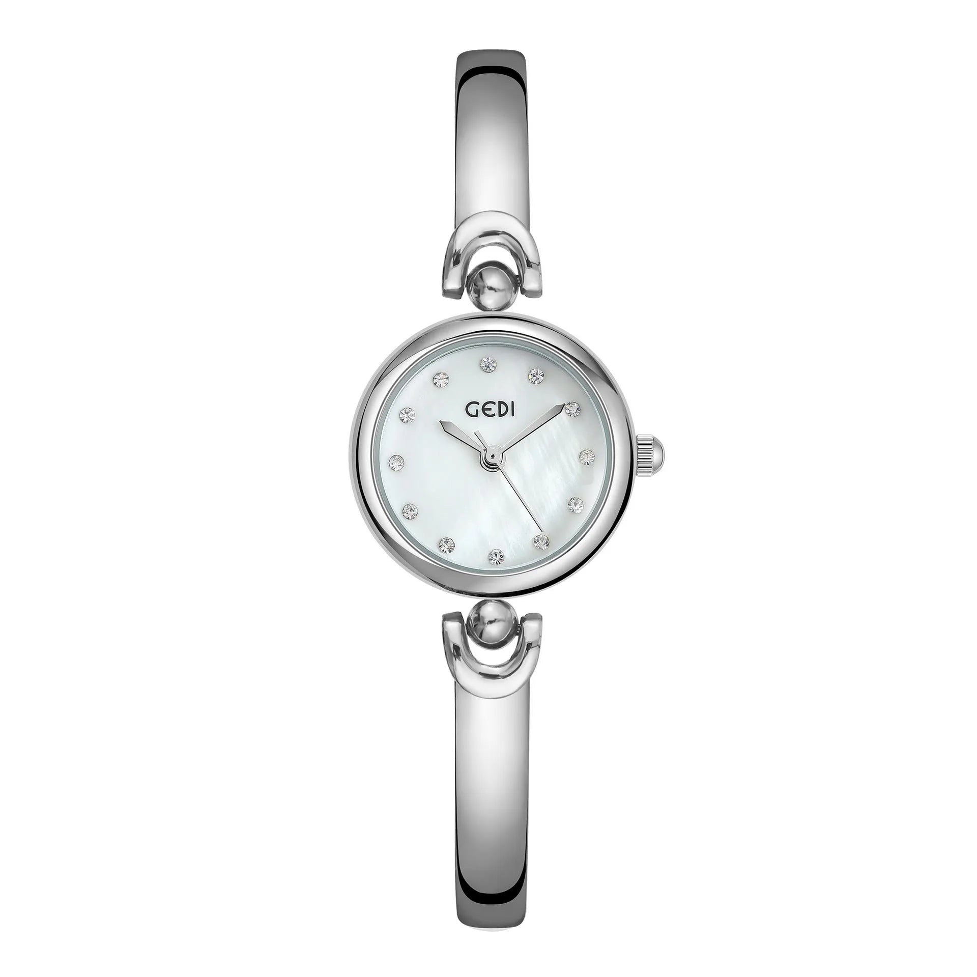 Silver case women's bangle watch with round dial and white plate silver stripe