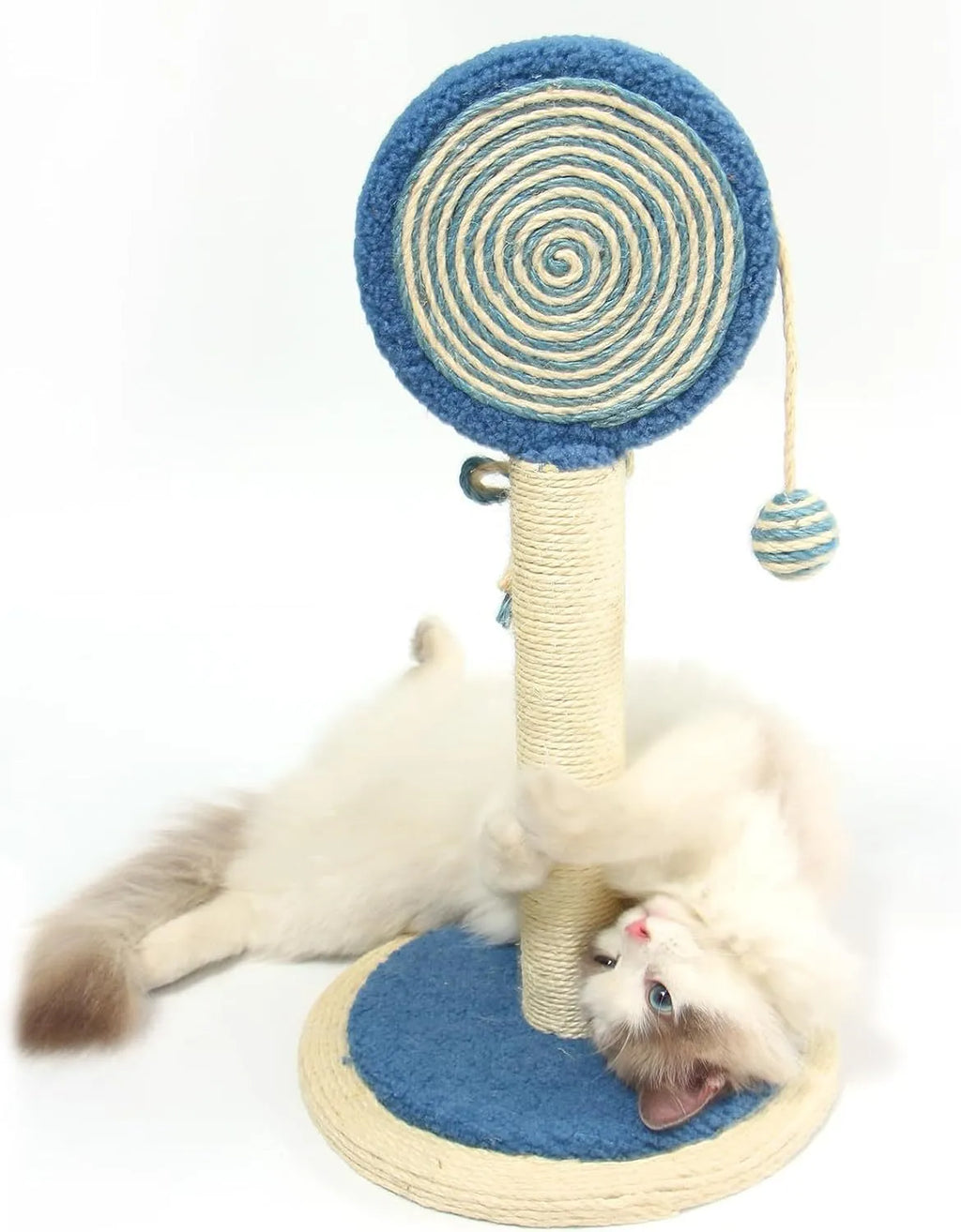 Blue cat scratching post with natural sisal rope and hanging ball toy on sturdy wood base