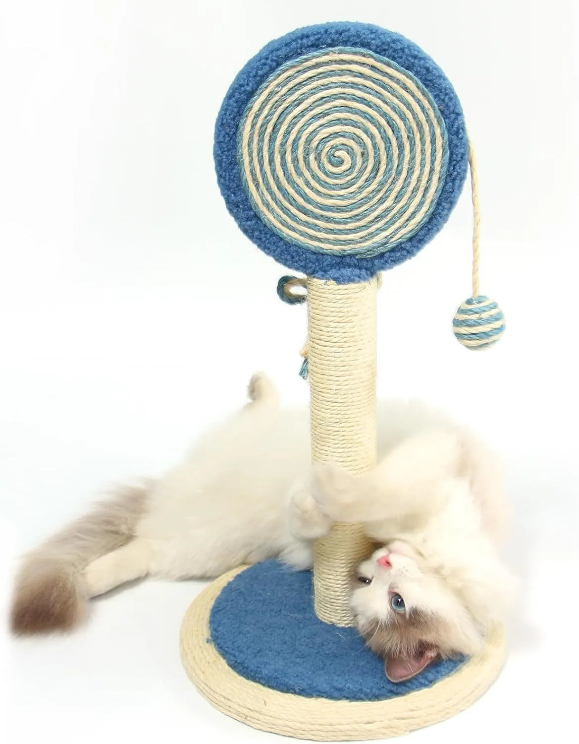 Blue cat scratching post with natural sisal rope and hanging ball toy on sturdy wood base