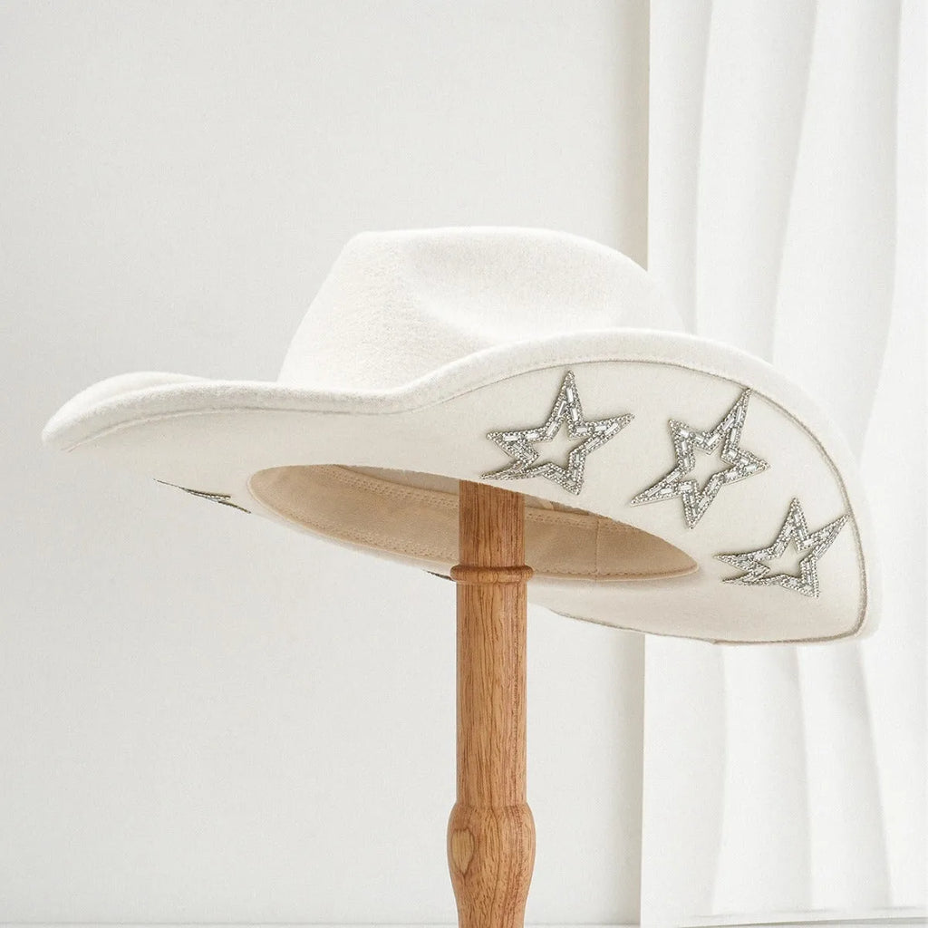 Brown polyester western-style top hat with a conical crown and a silver hexagonal star decoration on the front.