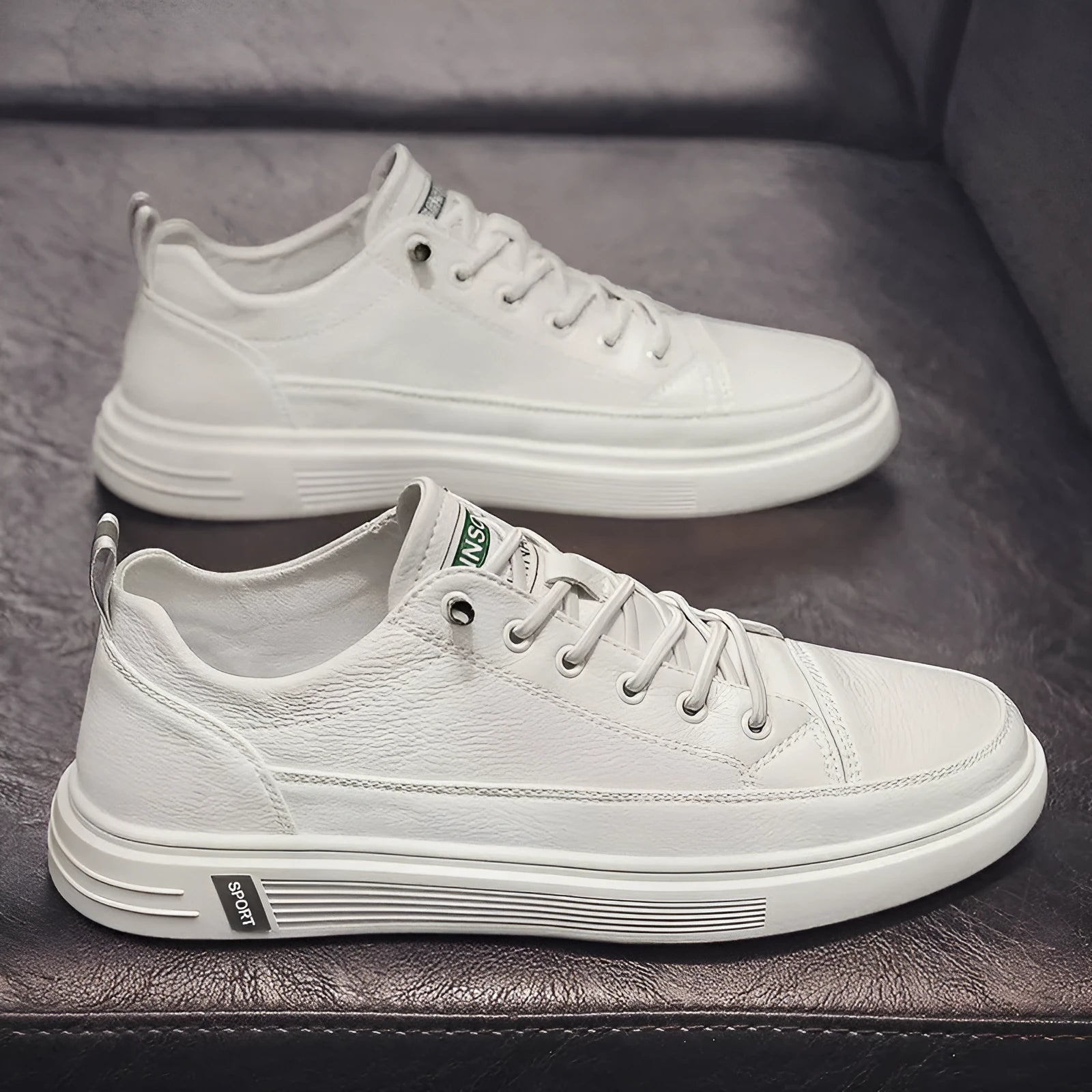 Men's white casual shoes with PU upper, round toe, flat sole, and shallow opening