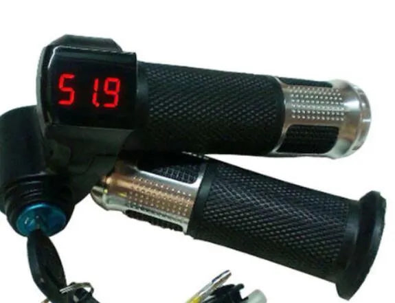 Electric vehicle handlebar section in multiple colours showing 5-core wiring and IPX4 waterproof rating
