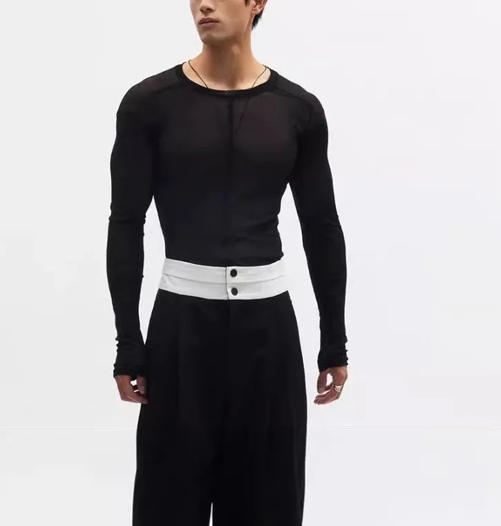 Black mesh see-through texture slim-fit long sleeve pullover on a hanger.