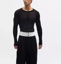 Black mesh see-through texture slim-fit long sleeve pullover on a hanger.