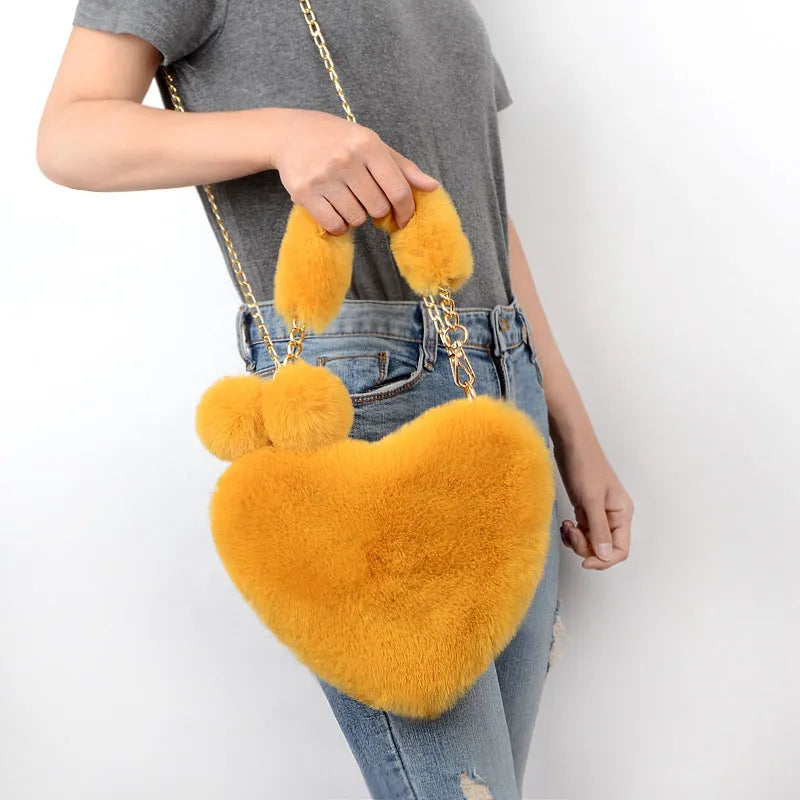 Heart-shaped soft plush women's handbag with detachable strap in multiple colour options