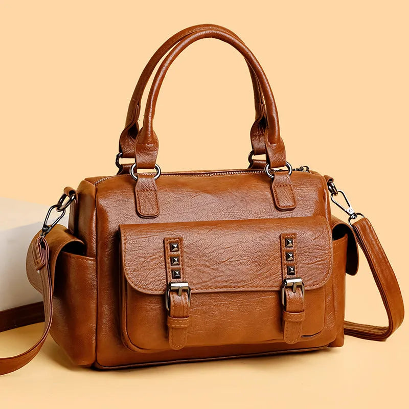 Vintage messenger bag with horizontal square design and contrast stitching in available colour options