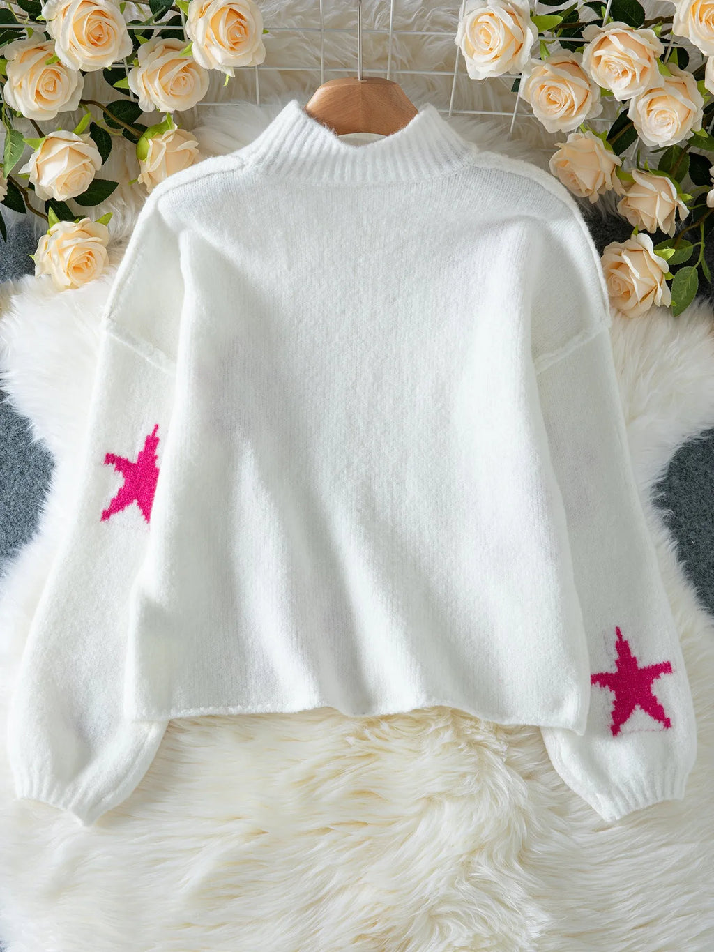 White women's loose turtleneck pullover with a black star pattern on thick imitation velvet fabric