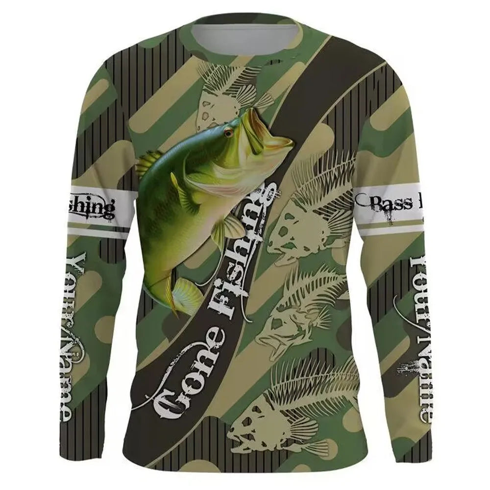 Man wearing a grey pullover with a detailed all-over blue fish print design, round neck, and long sleeves.