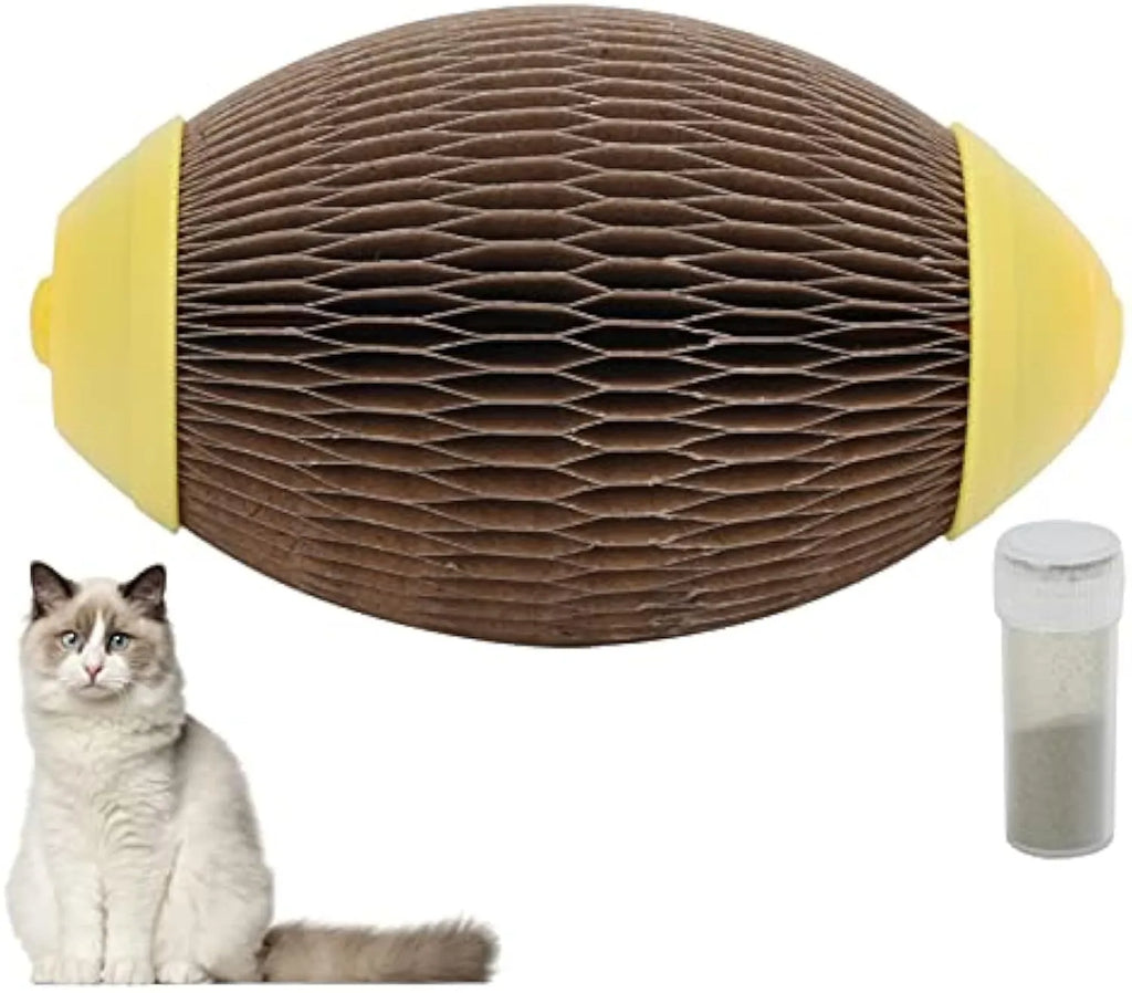 Ellipse-shaped corrugated paper catnip ball scratch toy on a plain background.