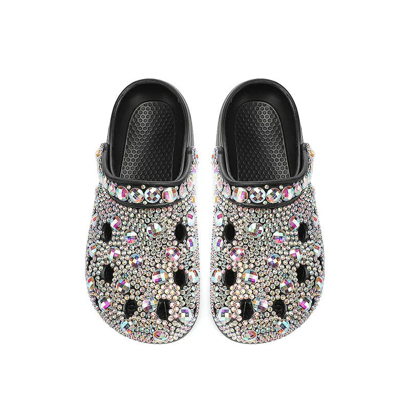 Black women's platform sandals with rhinestone hole design on the EVA upper.