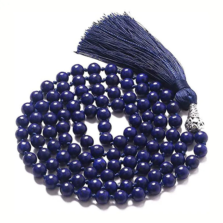 Geometric agate tassel necklace in a choice of ten colours including blue stone and amethyst, shown at full 95-100cm length.