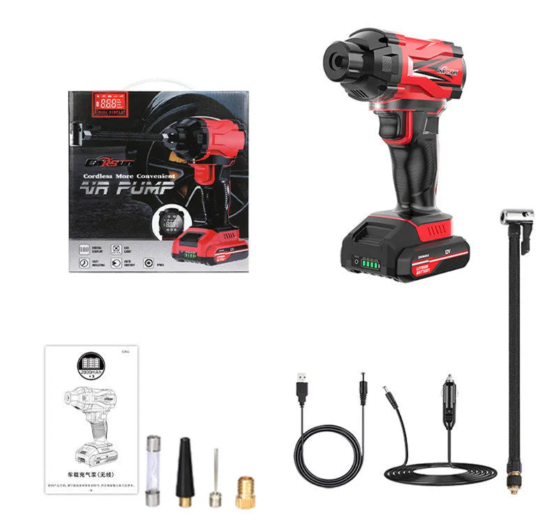Red and black portable car wireless air pump with multiple nozzles and 3-metre power cable for tyre inflation