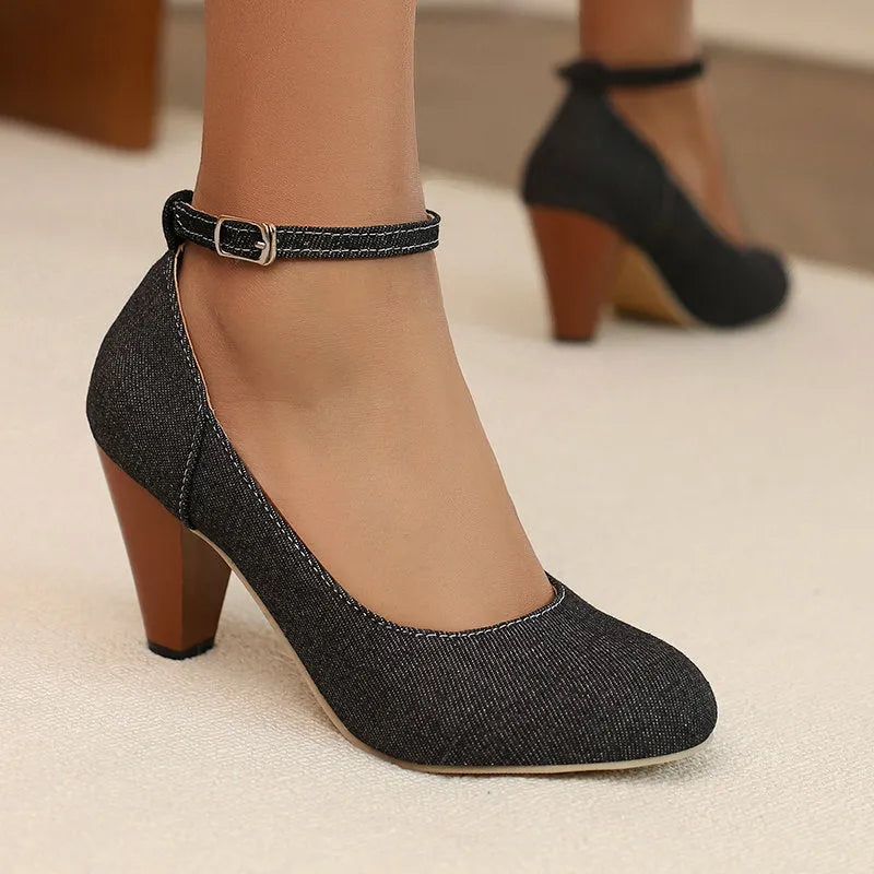 Blue denim women's platform heels with buckle closure and waterproof construction