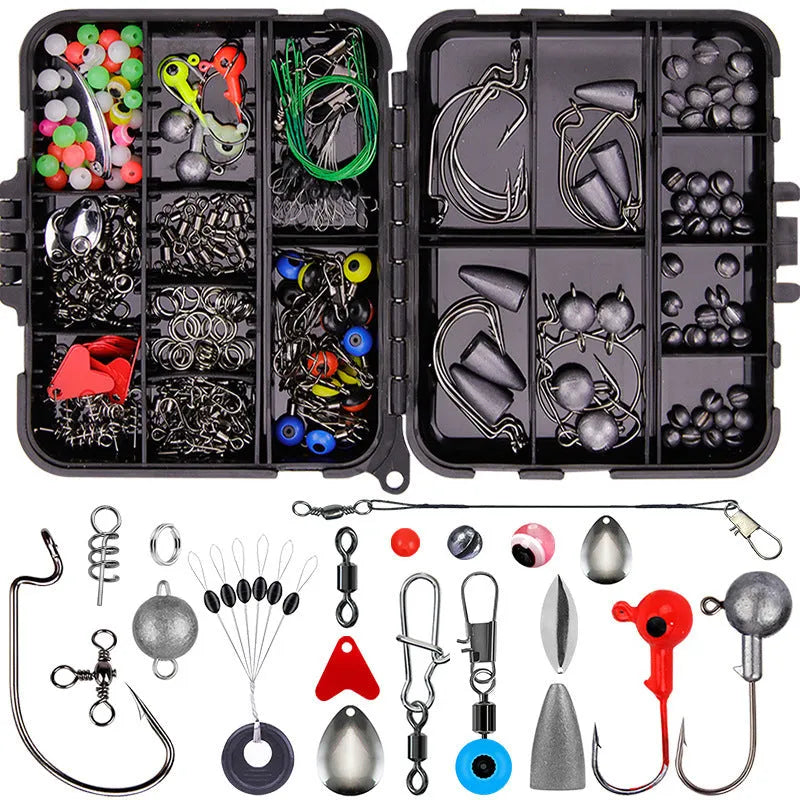 Orange ABS plastic box open to show compartments filled with fishing hooks and lure accessories.