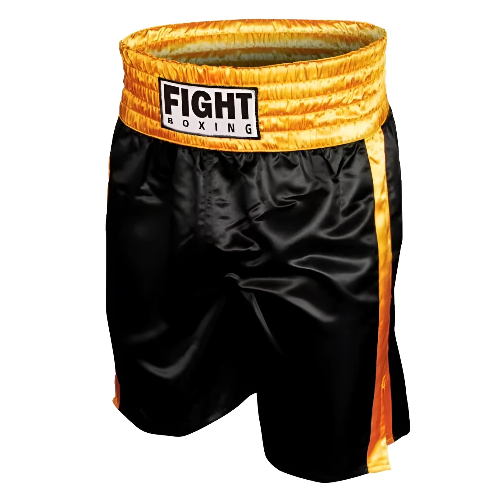 Boxing shorts for kick boxing training in various colour combinations like black and white striped, black and gold, and black and red.
