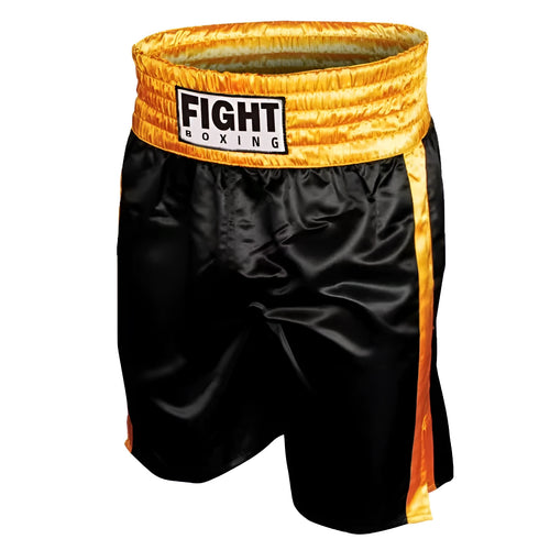 Boxing shorts for kick boxing training in various colour combinations like black and white striped, black and gold, and black and red.