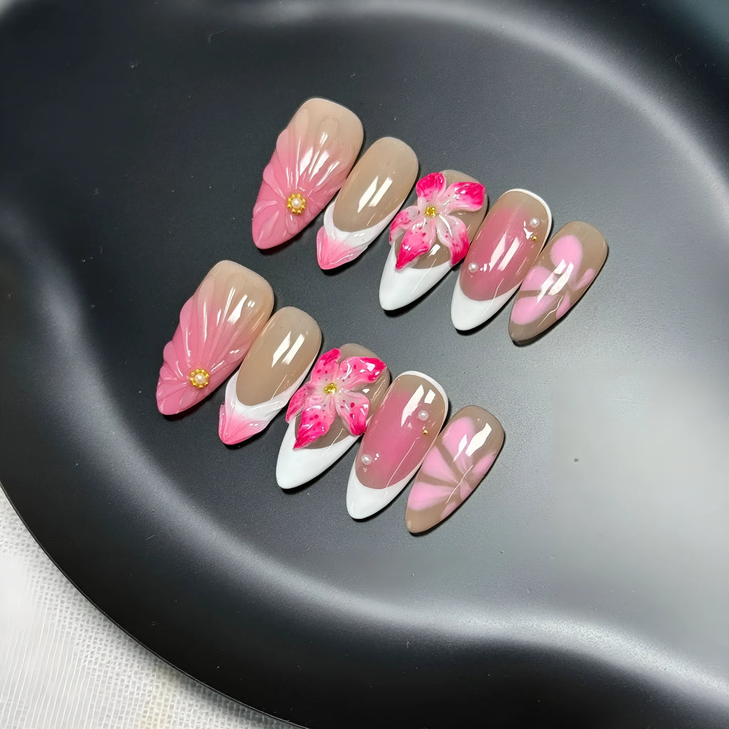 French style lily fluid ice flower manicure artificial nails with three-dimensional floral design
