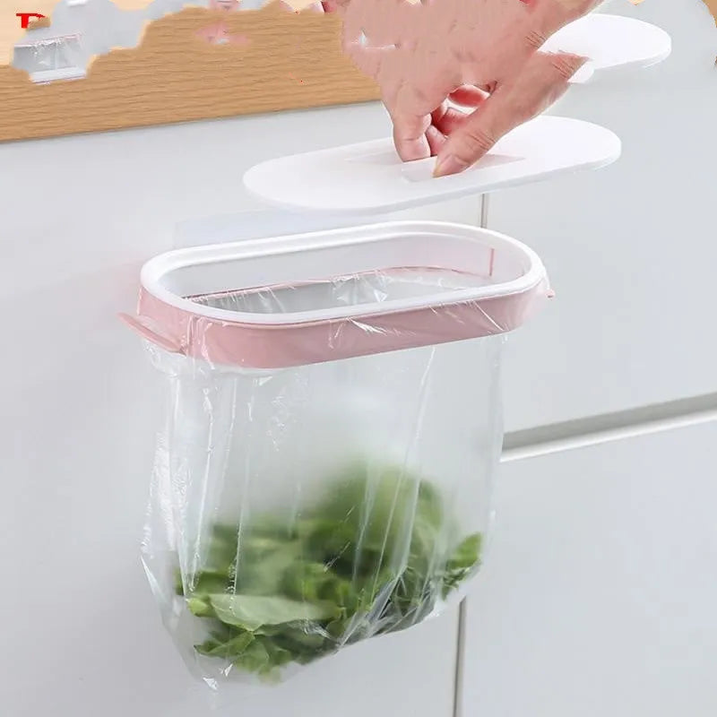 Blue plastic kitchen garbage bag storage rack mounted on wall for bin liner organisation
