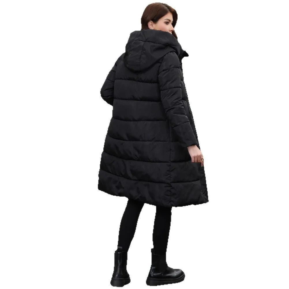 A black hooded slim-fit long jacket for men on a hanger.