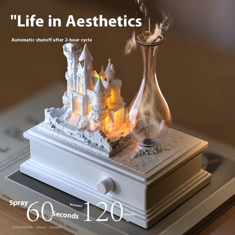White medieval castle aromatherapy machine with ambient light and USB charging cable